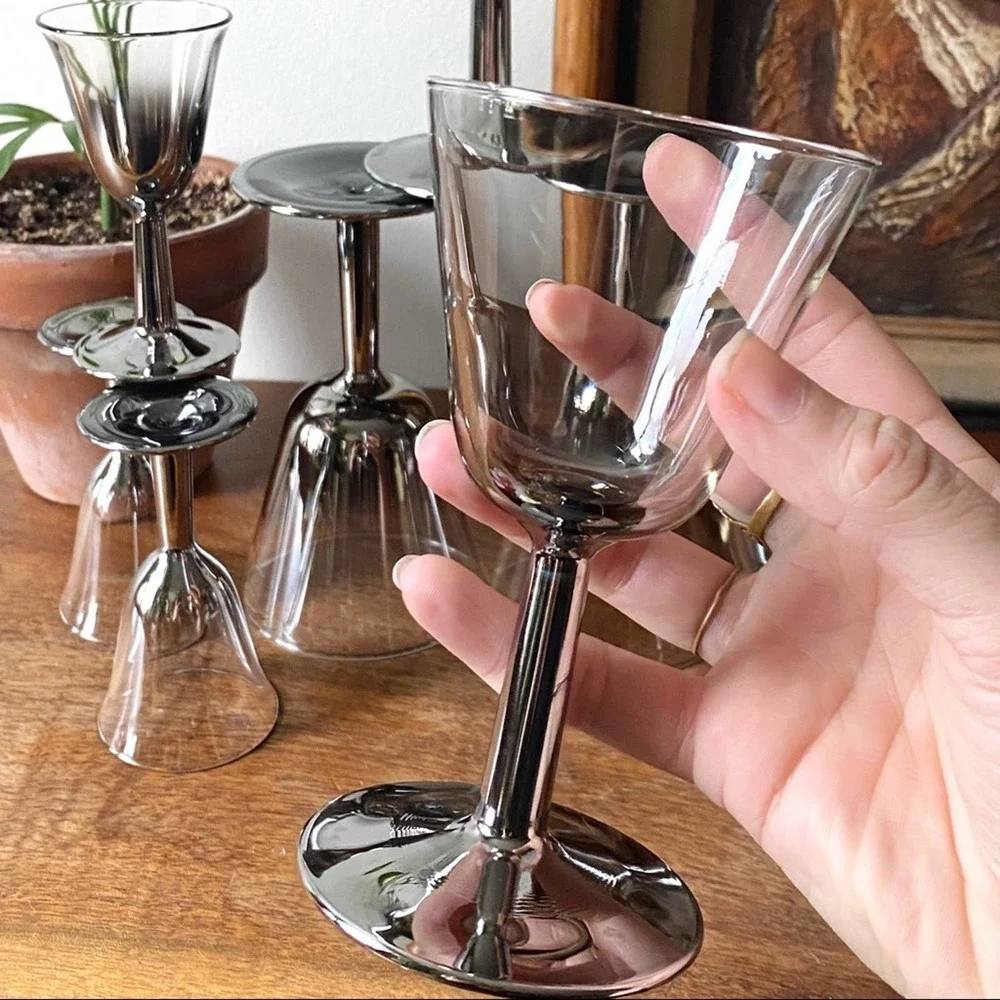 Mid Century Modern Stemware, Cocktail Glass Set Silver Ombre Lusterware